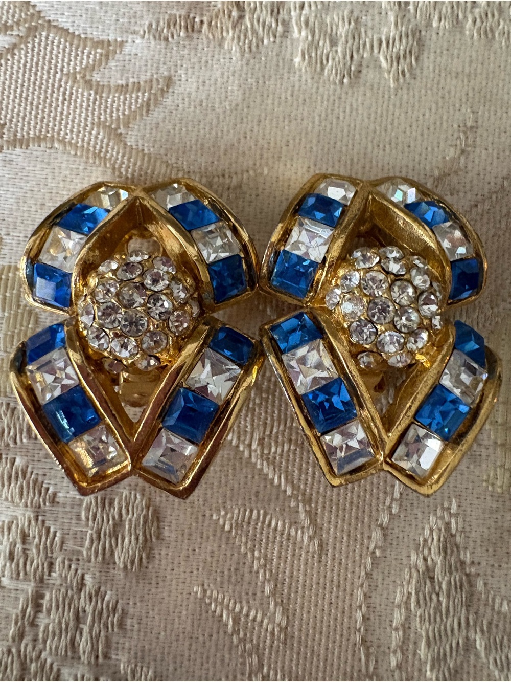 Gold-Tone Blue and Clear Crystal Clip-On Earrings